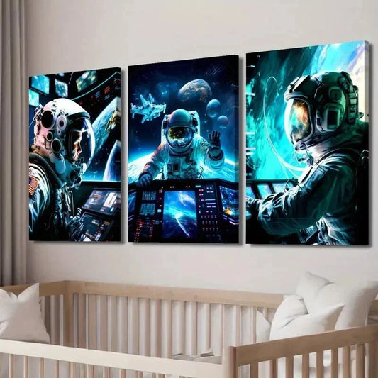 3pcs Astronauts at a Space Station Wall Art Set Canvas Framed 40x60cm - High Quality Print 100% Australian Made Wall Canvas Ready to Hang