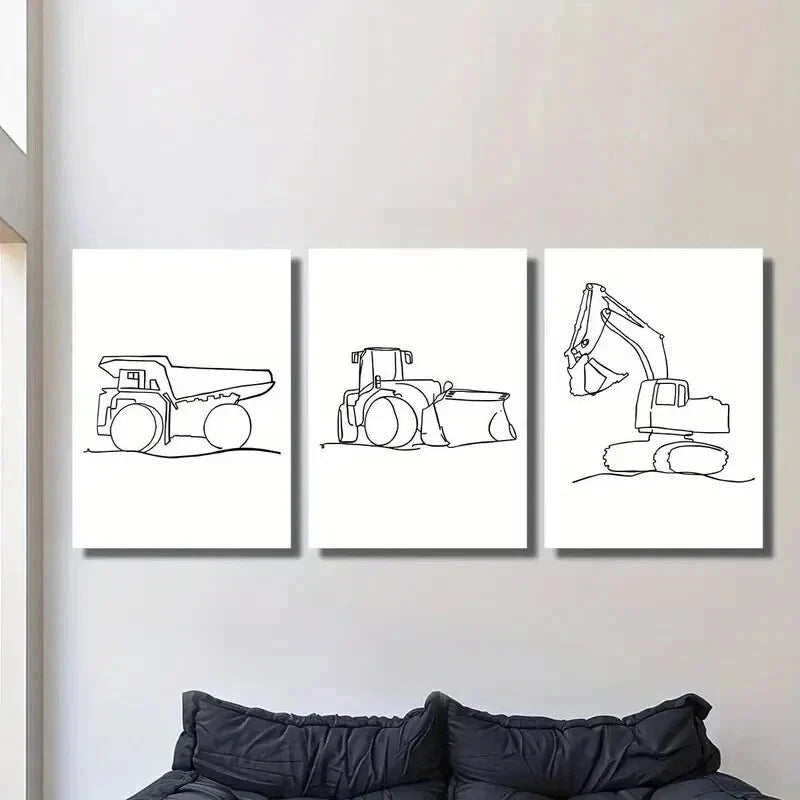 3pcs Road Roller Excavator & Dump Truck Wall Art Set Canvas Framed 40x60cm - High Quality Print 100% Australian Made Wall Canvas Ready to Hang