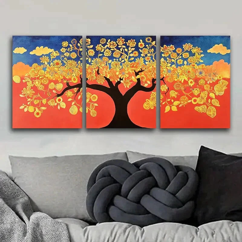 3pcs Vibrant Yellow Floral & Tree Metal Print Ready to Hang Art