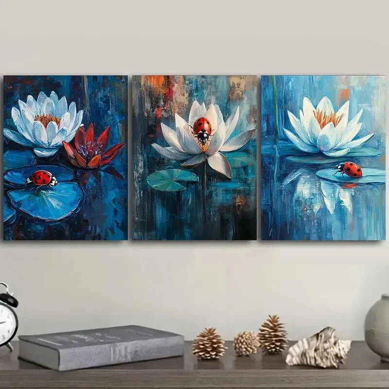 3pcs Ladybugs on Water Lilies Dark Blue Perfect Wall Art Set Canvas Framed 40x60cm - High Quality Print 100% Australian Made Wall Canvas Ready to Hang