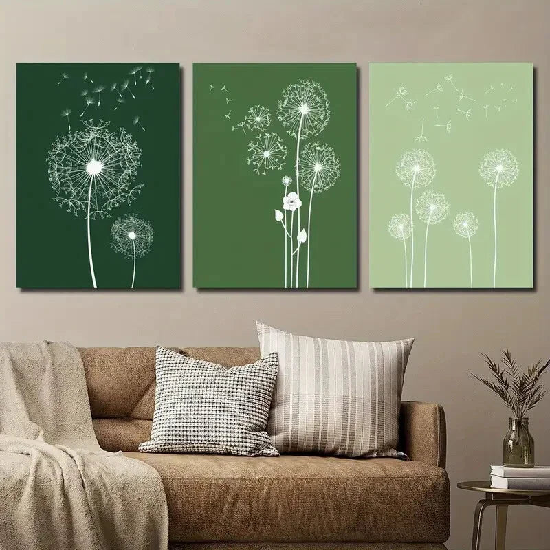 3pcs Dark & Light Green Dandelions Wall Art Set Canvas Framed 40x60cm - High Quality Print 100% Australian Made Wall Canvas Ready to Hang
