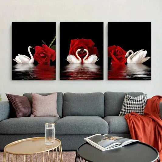 3pcs Romantic Swan and Red Rose Red and Black Metal Print Ready to Hang Art