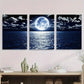 3pcs Moonlit Ocean Night Sky with Full Moon Metal Print Ready to Hang Art
