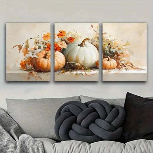 3pcs Paintings of pumpkins and flowers Metal Print Ready to Hang Art