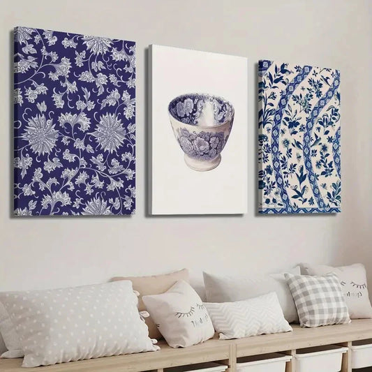 3pcs Nouveau Botanical and Ceramic Design Wall Art Set Canvas Framed 40x60cm - High Quality Print 100% Australian Made Wall Canvas Ready to Hang