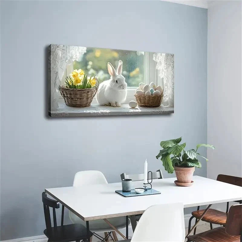 White Rabbit Easter Eggs Flower Wall Art Canvas Office Home Room Framed 120x60cm