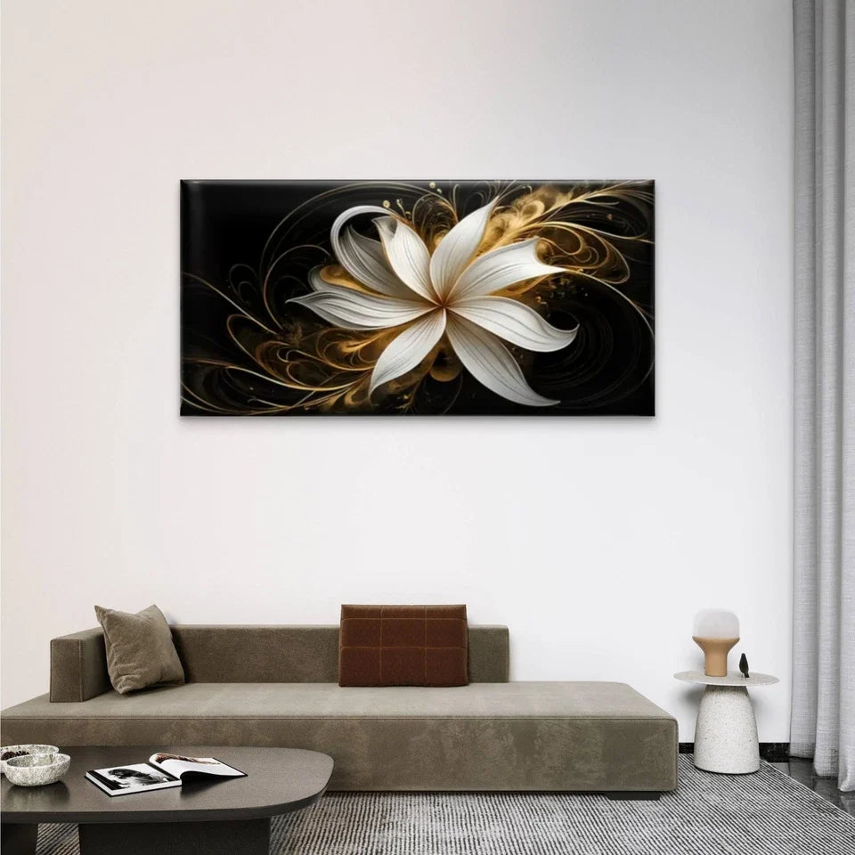 White Flowers Golden Lines Wall Art Canvas Office Home Room Framed 120x60cm