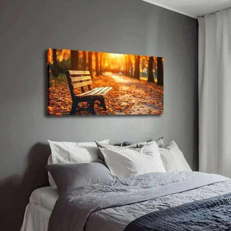 Vibrant Fall Leave Wooden Bench Wall Art Canvas Office Home Room Framed 120x60cm