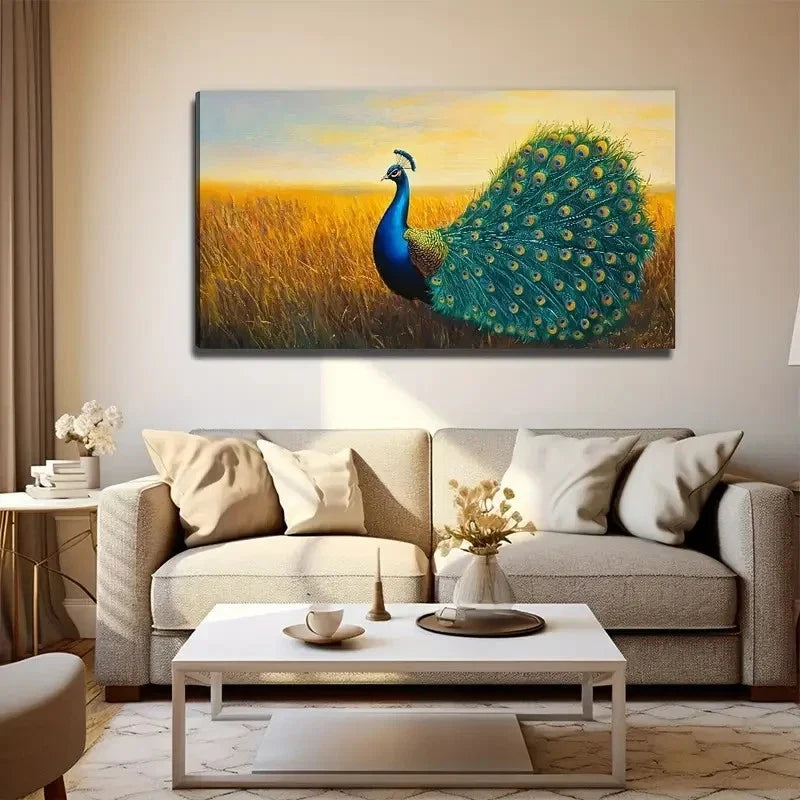Peacock On The Prairie Wall Art Canvas Office Home Room Framed 120x60cm