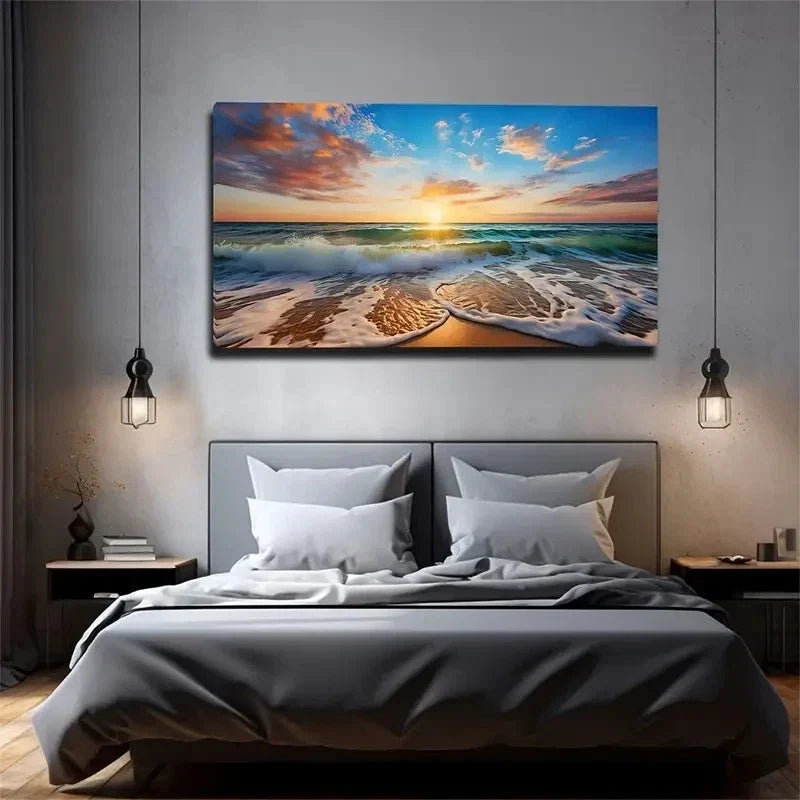 Blue Waves On The Beach Young Wall Art Canvas Office Home Room Framed 120x60cm