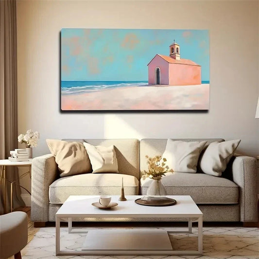Light Red House Coastal Wall Art Canvas Office Home Room Framed 120x60cm