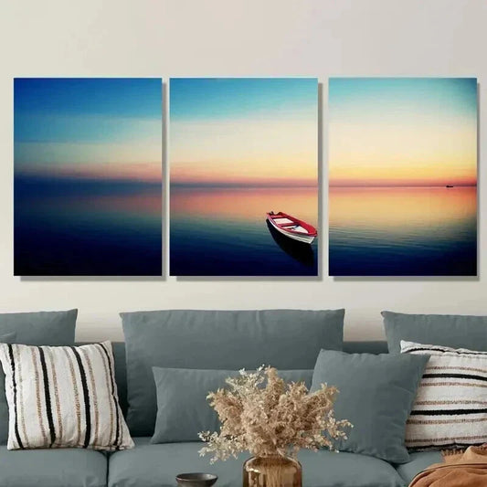 3pcs Serene Sunset Boat Blue & Orange Sky Wall Art Set Canvas Framed 40x60cm - High Quality Print 100% Australian Made Wall Canvas Ready to Hang