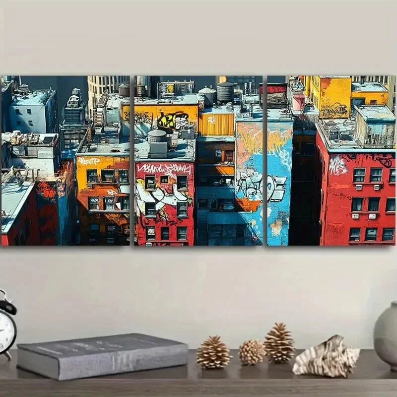 3pcs Graffiti Rooftops New York Color Perfect Wall Art Set Canvas Framed 40x60cm - High Quality Print 100% Australian Made Wall Canvas Ready to Hang