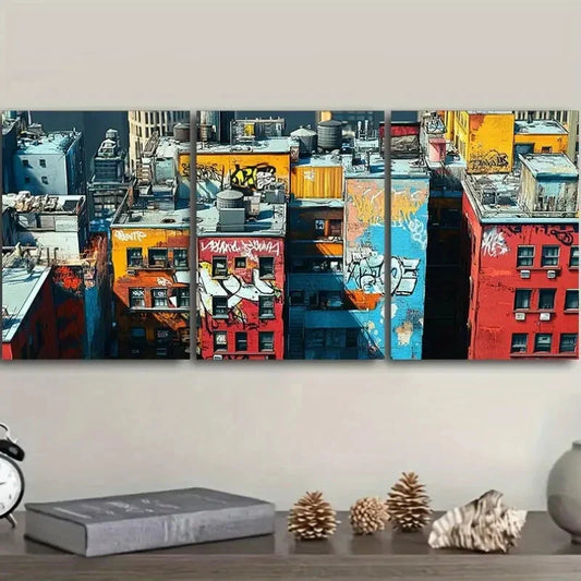 3pcs Graffiti Rooftops New York Color Perfect Wall Art Set Canvas Framed 40x60cm - High Quality Print 100% Australian Made Wall Canvas Ready to Hang