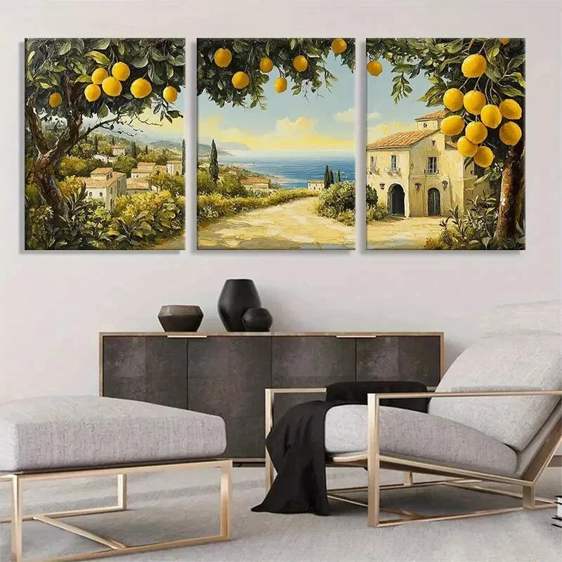 3pcs Mediterranean Landscape Lemon Tree Perfect Wall Art Set Canvas Framed 40x60cm - High Quality Print 100% Australian Made Wall Canvas Ready to Hang
