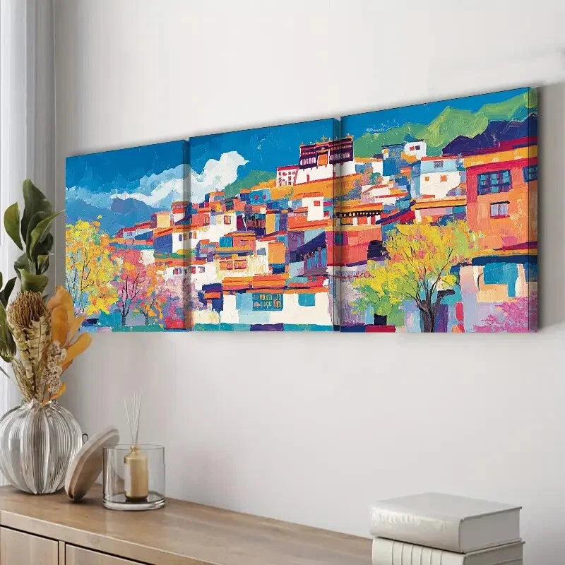 3pcs Buildings Along the Lhasa River Perfect Wall Art Set Canvas Framed 40x60cm - High Quality Print 100% Australian Made Wall Canvas Ready to Hang