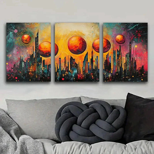 3pcs Abstract Cityscape Skyline Beach Perfect Wall Art Set Canvas Framed 40x60cm - High Quality Print 100% Australian Made Wall Canvas Ready to Hang