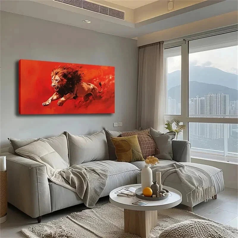 Lion Running Hard Against Red Wall Art Canvas Office Home Room Framed 120x60cm