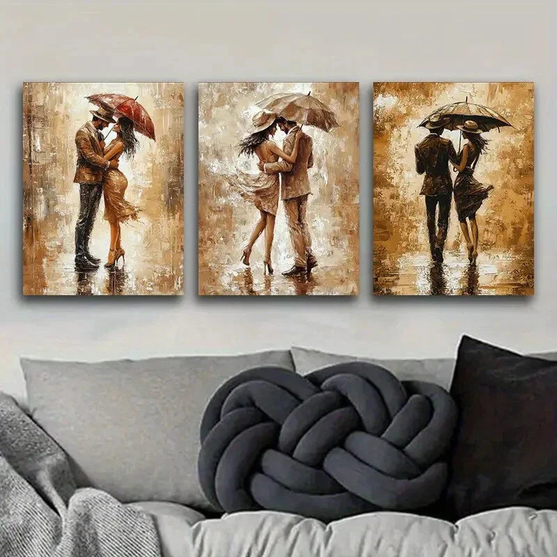 3pcs A couple is strolling in the rain Metal Print Ready to Hang Art