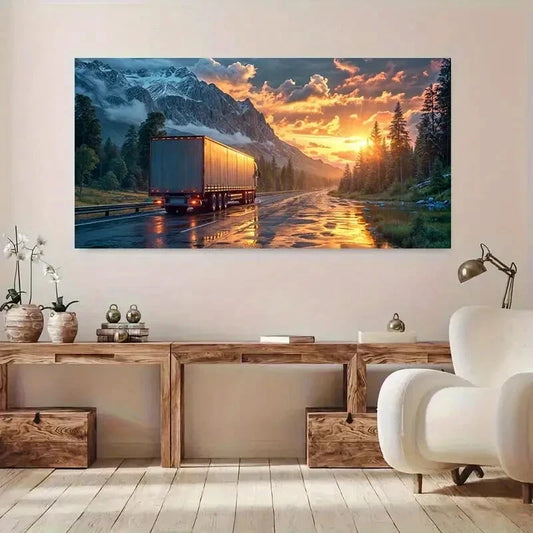 Scenic Mountain Truck Sunset Wall Art Canvas Office Home Room Framed 120x60cm