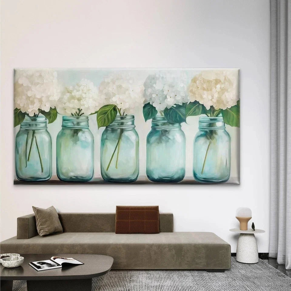 White Hydrangea Flowers Wall Art Canvas Office Home Room Framed 80x45cm