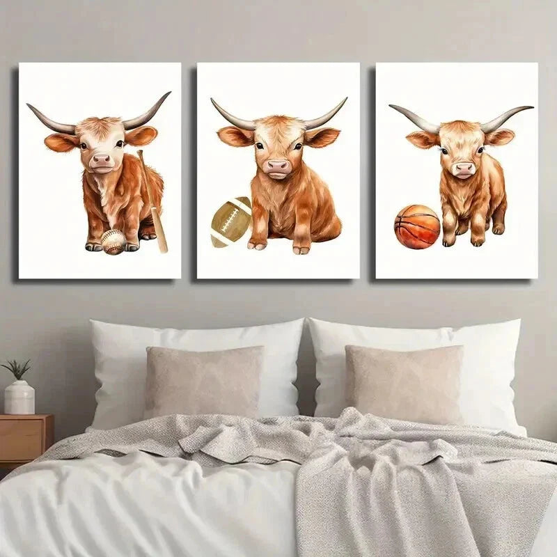 3pcs Cow Baseball Football Basketball Wall Art Set Canvas Framed 40x60cm - High Quality Print 100% Australian Made Wall Canvas Ready to Hang