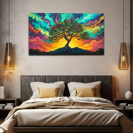Vibrant Rainbow Tree Of Life Wall Art Canvas Office Home Room Framed 120x60cm