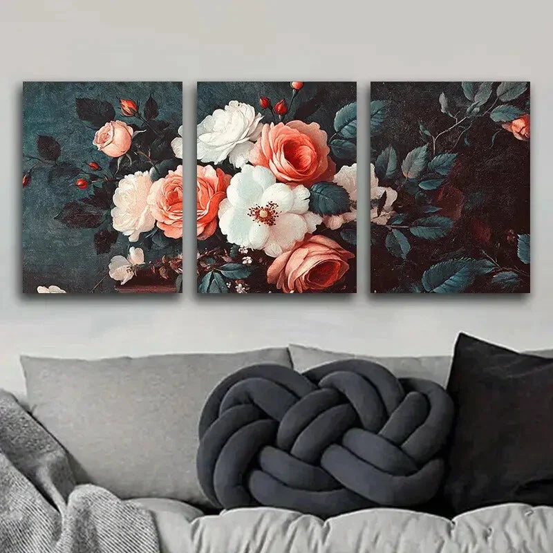 3pcs Oil Paintings of Pink And White Roses Metal Print Ready to Hang Art