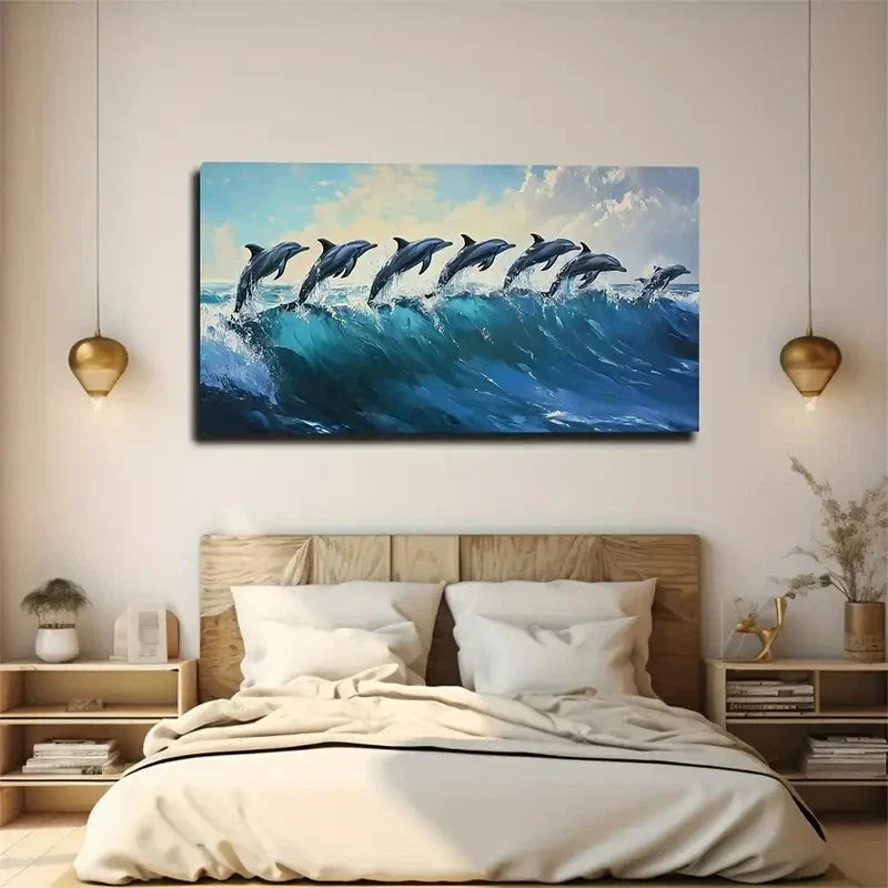 Seamless Dolphin Pod Leap Decor Wall Art Canvas Office Home Room Framed 120x60cm