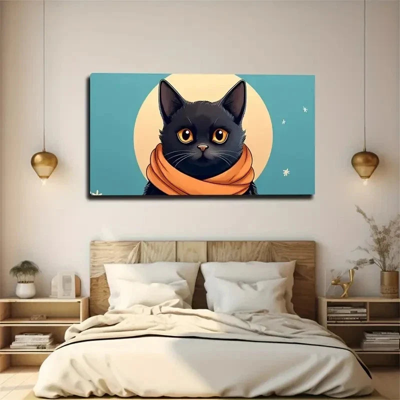 Stylish Black Cat Wall Art Canvas Office Home Room Framed 80x45cm