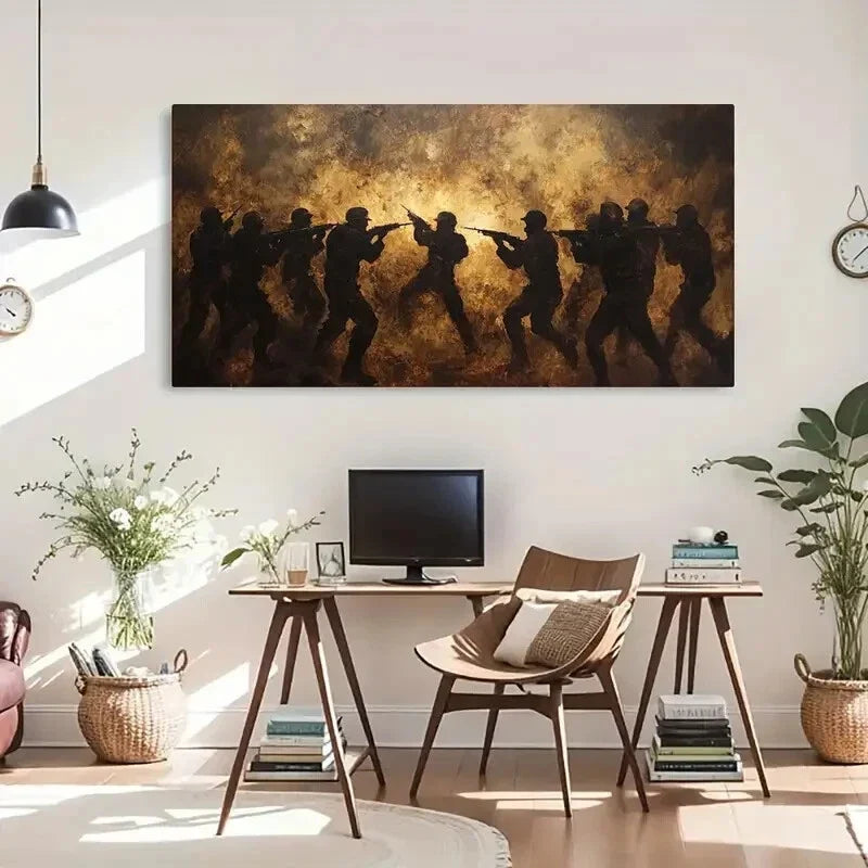 Battle Soldiers in Action Dust Wall Art Canvas Office Home Room Framed 80x45cm
