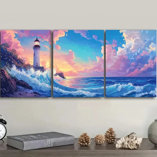 3pcs Lighthouse the Sea Sunset Scene Luxurious Wall Art Set Canvas Framed 40x60cm - High Quality Print 100% Australian Made Wall Canvas Ready to Hang