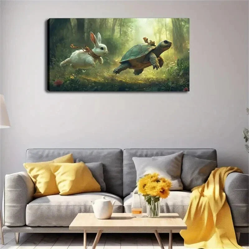 Realistic Turtle Rabbit Running Wall Art Canvas Office Home Room Framed 120x60cm