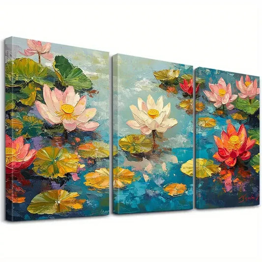3pcs Decorative Lotus Flowers with Pink Petals Wall Art Set Canvas Framed 40x60cm - High Quality Print 100% Australian Made Wall Canvas Ready to Hang