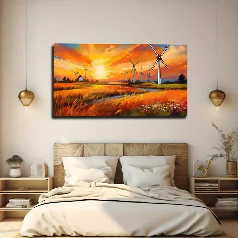 Sunset Windmill Good Wall Art Canvas Office Home Room Framed 120x60cm