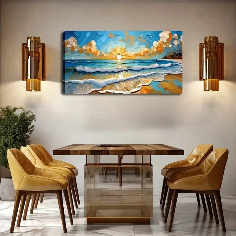Turquoise Waves Sandy Shoreline Wall Art Canvas Office Home Room Framed 120x60cm