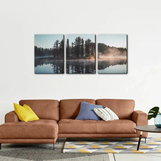 3pcs Natural Trees with Misty Lake Reflection Metal Print Ready to Hang Art