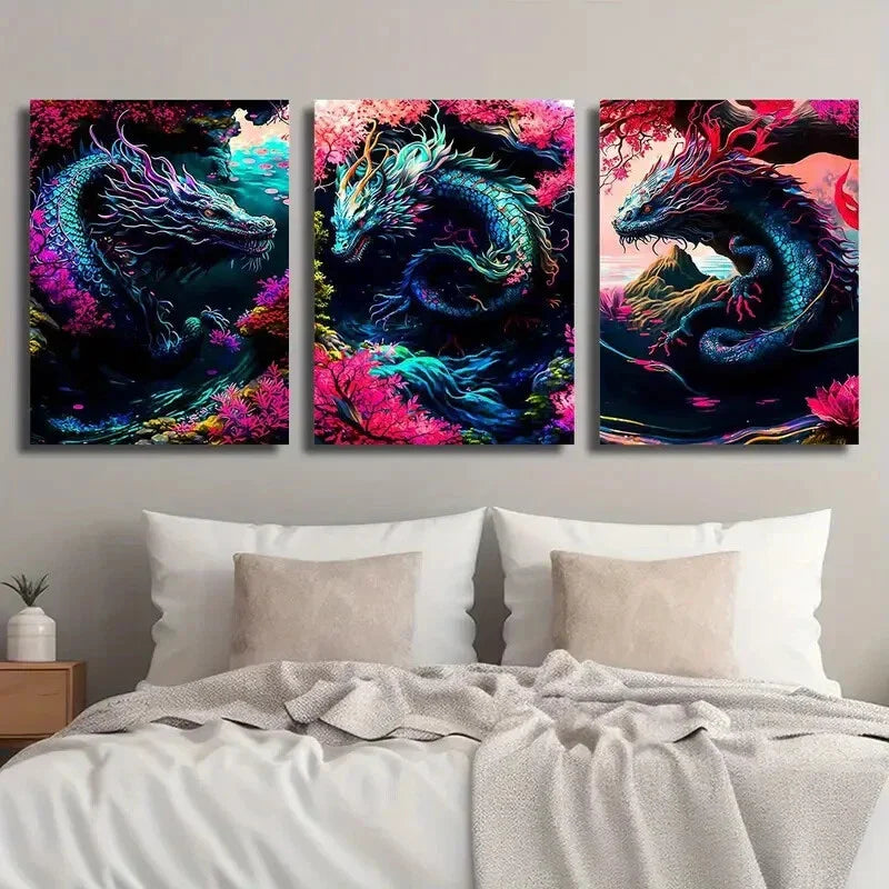 3pcs Fantasy Animal Dragon Illustration Wall Art Set Canvas Framed 40x60cm - High Quality Print 100% Australian Made Wall Canvas Ready to Hang