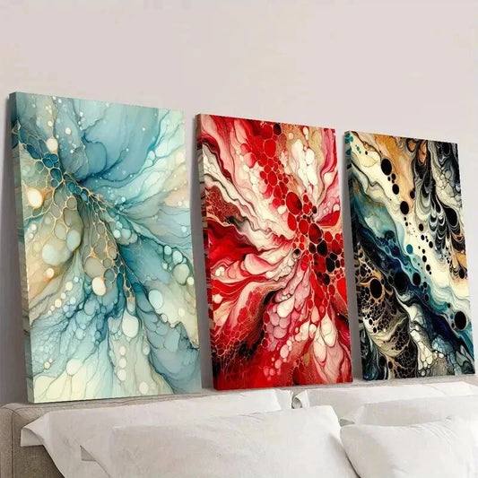 3pcs Blue Red and Black Abstract Fluid Texture Wall Art Set Canvas Framed 40x60cm - High Quality Print 100% Australian Made Wall Canvas Ready to Hang