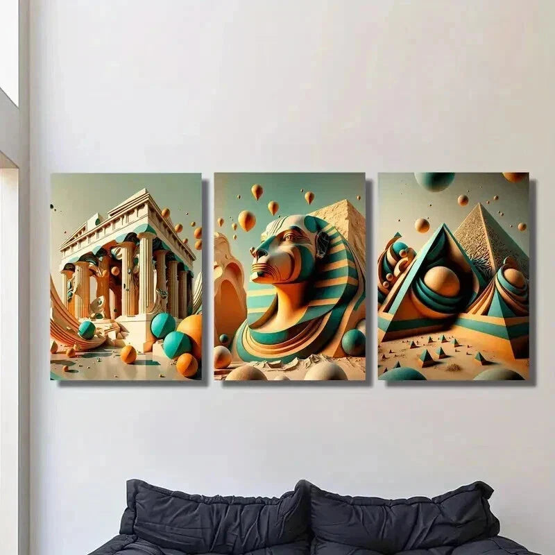 3pcs Golden Pagoda Sphinx Parthenon Wall Art Set Canvas Framed 40x60cm - High Quality Print 100% Australian Made Wall Canvas Ready to Hang