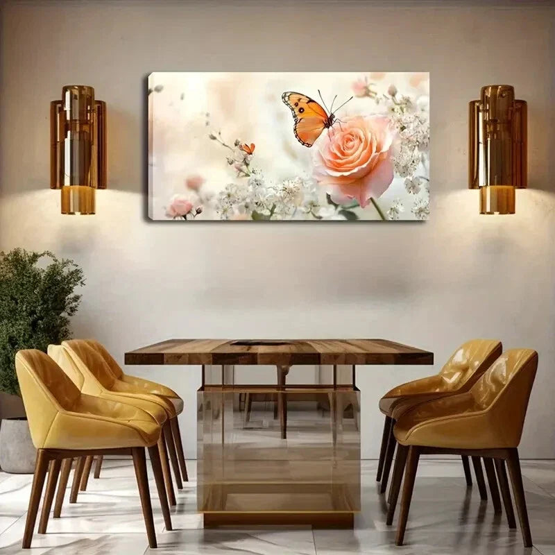 Pink Rose Butterfly Decorative Wall Art Canvas Office Home Room Framed 120x60cm