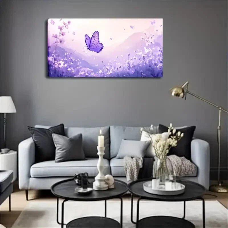 Purple Butterfly with Floral Wall Art Canvas Office Home Room Framed 80x45cm
