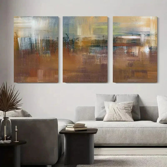 3pcs Abstract Landscape Earth Tones & Textured Metal Print Ready to Hang Art