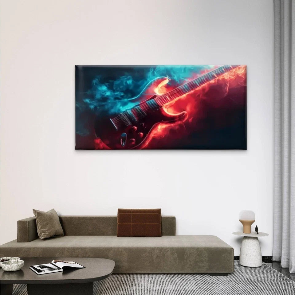 Guitar With Fire Abstract Wall Art Canvas Office Home Room Framed 120x60cm