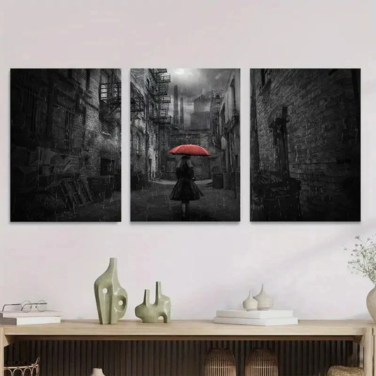 3pcs Red Umbrella Modern Black & White Metal Print Ready to Hang Art