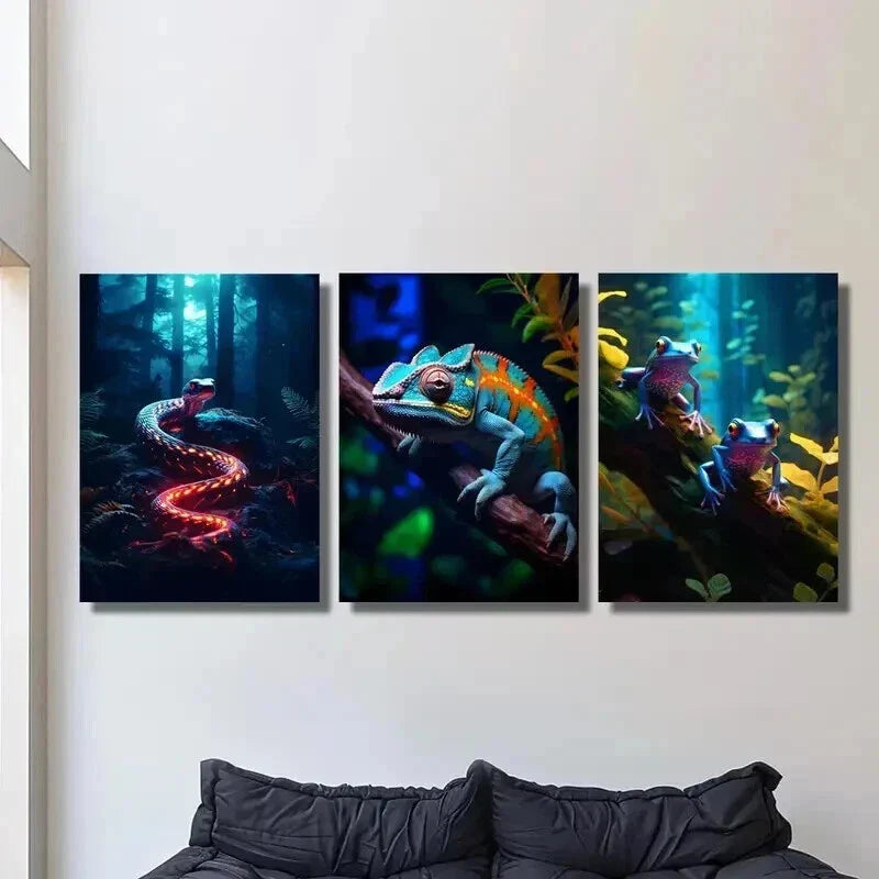 3pcs Colorful Chameleon Snake & Psychedelic Frog Wall Art Set Canvas Framed 40x60cm - High Quality Print 100% Australian Made Wall Canvas Ready to Hang