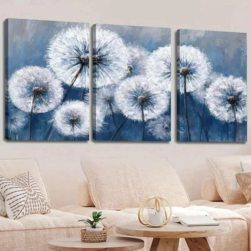 3pcs White Dandelion on Vintage Blue Background Wall Art Set Canvas Framed 40x60cm - High Quality Print 100% Australian Made Wall Canvas Ready to Hang