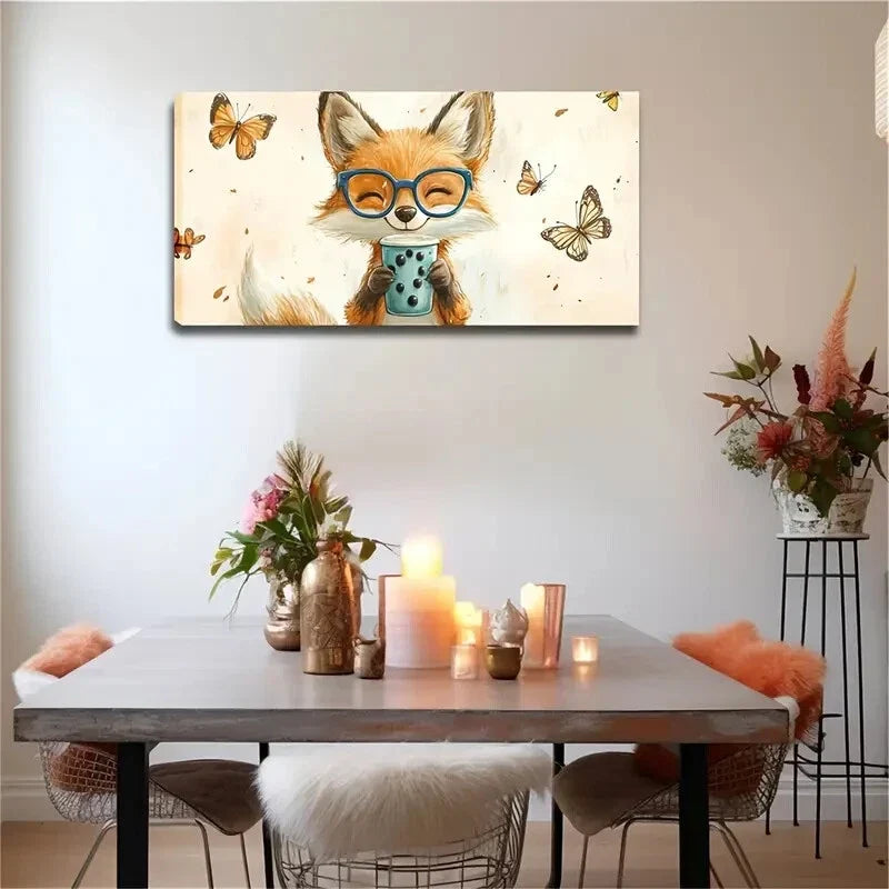 Whimsical Smiling Fox Glasses Wall Art Canvas Office Home Room Framed 120x60cm