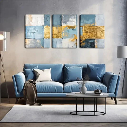 3pcs Painted Textured Panels in Blue & Golden  Wall Art Set Canvas Framed 40x60cm - High Quality Print 100% Australian Made Wall Canvas Ready to Hang