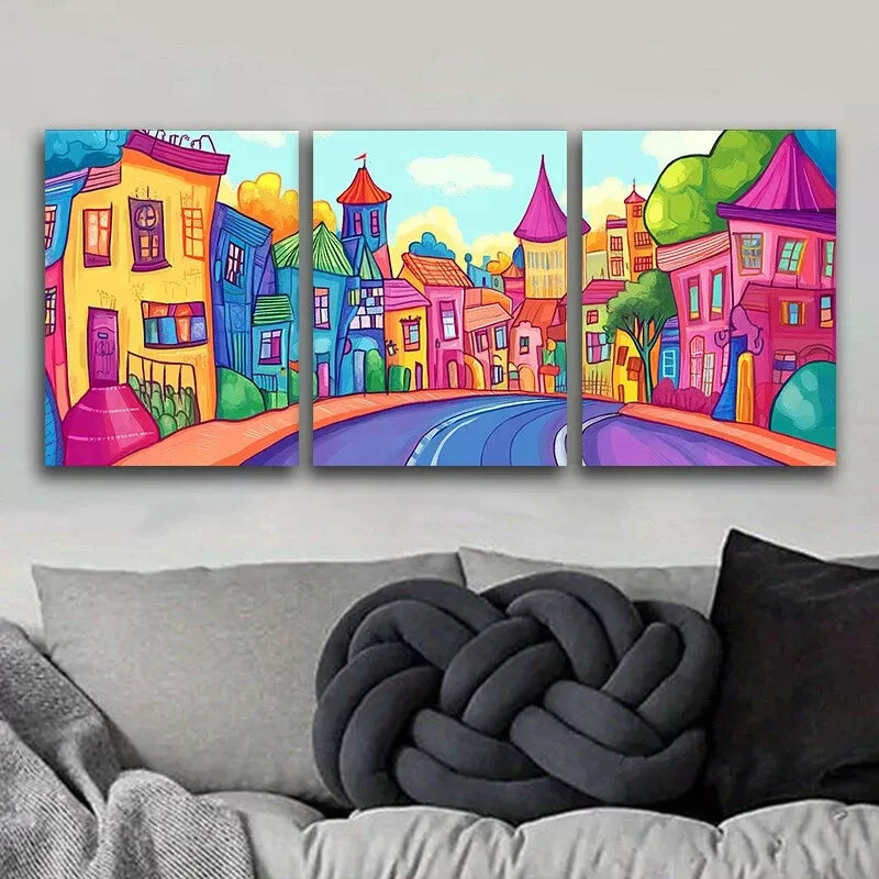 3pcs Cartoon Town Colorful Background Wall Art Set Canvas Framed 40x60cm - High Quality Print 100% Australian Made Wall Canvas Ready to Hang